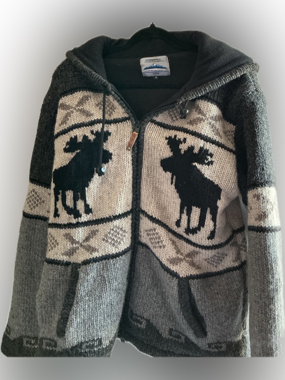 Unbranded Men’s Hooded Wool Sweater Jacket in Gray with Moose Motif